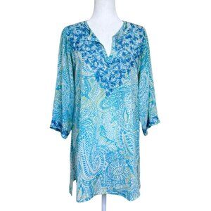 Amaya Womens Blue Silk Tunic Embroidered Paisley V-Neck Size 38 / US Small